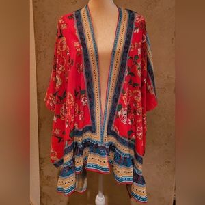 Umgee Women's Kimono M/L Ruffle 3/4 Sleeve Orange Teal Mix Floral